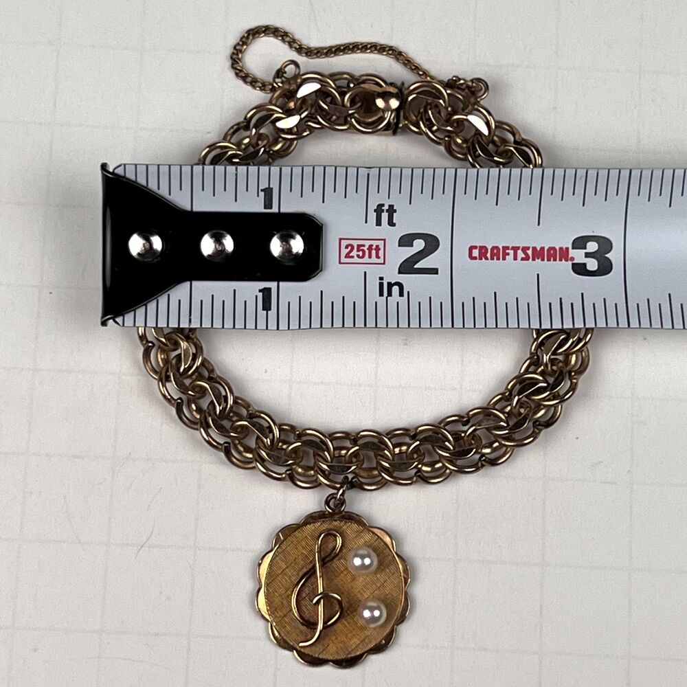Vtg Kaco Signed 20g,12K Gold GF Bracelet Band Sweetheart Treble Clef 2 Pearls - Picture 9 of 9